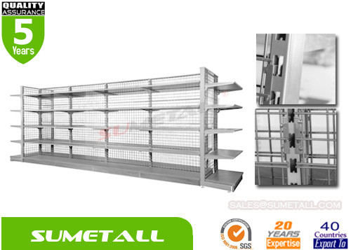 China Estantes de exhibición económicos del colmado con el panel trasero lleno del metal L1000 X D450 x H1800mm proveedor