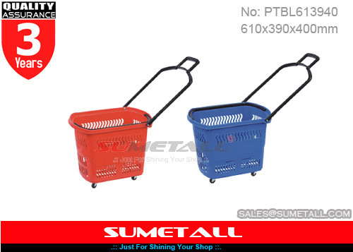 China Rojo/azul 45 litros que ruedan la cesta de compras plástica con las ruedas para el supermercado proveedor
