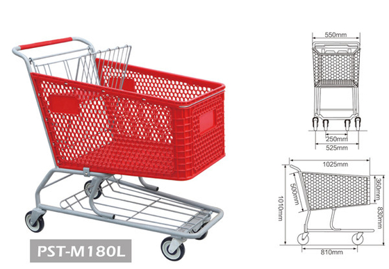 China Carretilla de las compras del supermercado del color rojo de PST-M180L con cuatro el carro de la compra de las ruedas 180L para el colmado proveedor